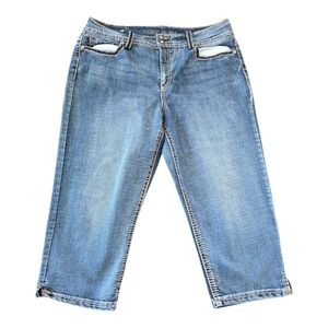 Code Bleu Jeans Womens 14 Mid Rise Blue Capri Fit 36×22  Pockets Embroidery